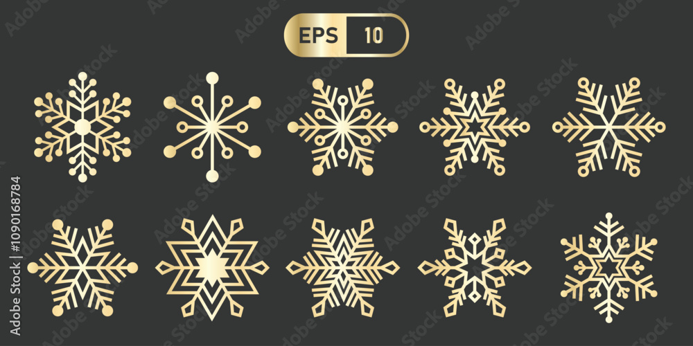 Poster Elegant gold snowflake icons on dark background, showcasing intricate designs in vector format. Perfect for winter themed projects and holiday decorations