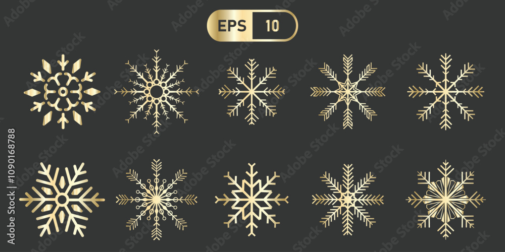 Aufkleber elegant gold snowflake icons on dark background, perfect for festive designs. includes ten unique sn