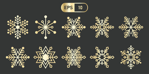 Elegant gold snowflake icons on dark background, showcasing intricate designs in vector format. Perfect for winter themed projects and holiday decorations