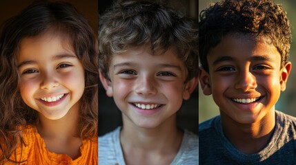 Fototapeta premium Closeup of three children, a South Asian girl with a bright smile and wavy hair, a white boy with a cheerful grin and curly hair