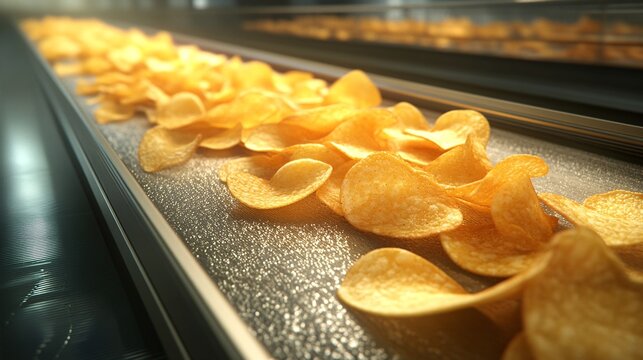 105.A zoomed-in image of a single layer of potato chips traveling on a moving conveyor belt, fresh from the fryer. The chips have an even golden color, with delicate bubbles across their surfaces,