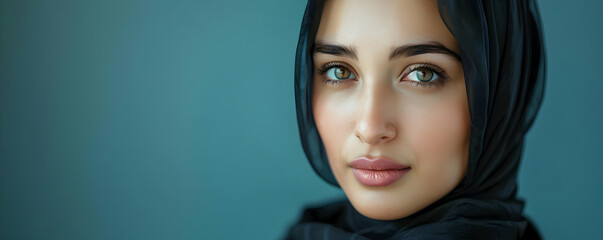 Naklejka premium Close-up Portrait of a Woman Wearing a Black Hijab Against a Teal Background