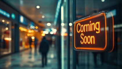 A glowing "Coming Soon" sign in a shopping mall, indicating future business openings.