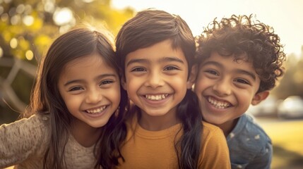 Fototapeta premium Closeup of three children, a South Asian girl with a playful expression and long hair, a white boy with wavy hair and a bright smile