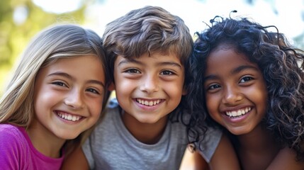 Fototapeta premium Closeup of three children, a South Asian girl with a playful smile and medium-length hair, a Black boy with a bright grin and short hair
