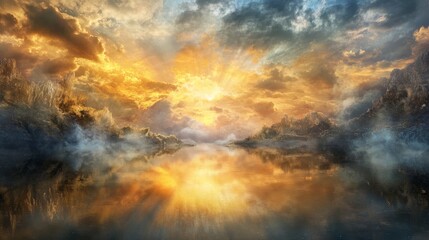 Fototapeta premium A breathtaking landscape showcases a vibrant sunrise over a tranquil lake, with dramatic clouds and reflections creating a serene atmosphere.