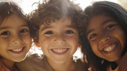 Fototapeta premium Closeup of three children, a white boy with a bright smile and curly hair, a South Asian girl with a joyful expression and medium-length hair