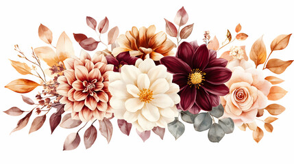 Obraz premium Watercolor Painting of a Bouquet with Burgundy Dahlias, Creamy White Flowers, and Peach Roses with Autumnal Leaves