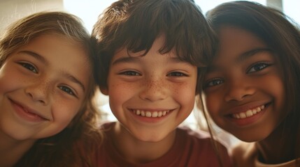 Fototapeta premium Closeup of three children, a white boy with a joyful grin and curly hair, a Black girl with a radiant smile and medium-length hair