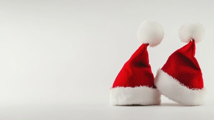 Fototapeta premium Two Traditional Red Santa Claus Hats with White Pom-Poms Facing Each Other Like Kissing - Isolated on White Background with Copy Space. Close-Up Macro Side View