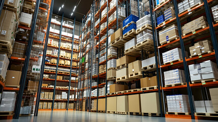 Fototapeta premium High-Bay Warehouse: Rows of Cardboard Boxes on Orange Shelves, Industrial Storage Facility