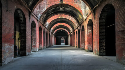 Fototapeta premium A Long Brick Tunnel with Arched Openings Leading to a Dark Entrance, a Sense of Mystery and Antiquity Evident in the Worn Brickwork and the Dim Lighting.