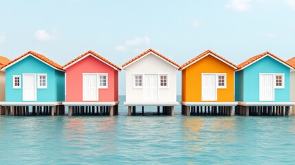 Coastal Retreat: A row of charming colorful houses on stilts over crystal-clear water, evoking a sense of tranquility and escape. This idyllic scene is perfect for travel, vacation.