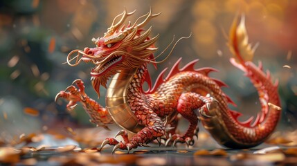 Fototapeta premium A vibrant red dragon figurine with intricate details and textures.