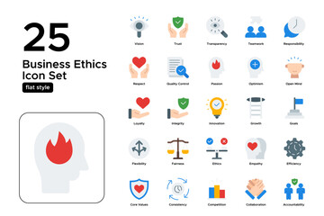 Business Ethics Flat Icon Set: Transparent Leadership, Organizational Morality, and Workplace Trust Icons