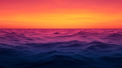 Obraz premium Fiery Horizon: A vibrant sunset paints the sky in hues of orange and red, casting a warm glow over a vast, undulating sea, creating a breathtaking and ethereal landscape. 