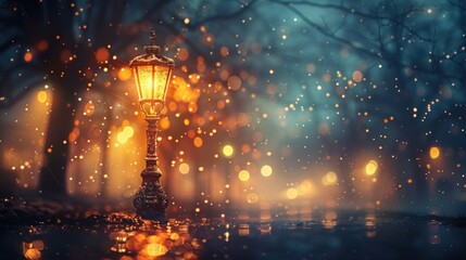 Fototapeta premium A glowing streetlamp illuminates a misty, atmospheric landscape.