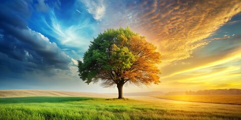 Fototapeta premium Serene landscape with a solitary tree exhibiting dual seasonal foliage under a vibrant, contrasting sky