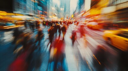 Motion blurred image of a busy city street with people walking and cars driving.