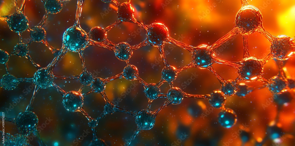 Aufkleber Microscopic abstract image of interconnected spheres, resembling a molecular structure or network, with vibrant orange and teal color tones.