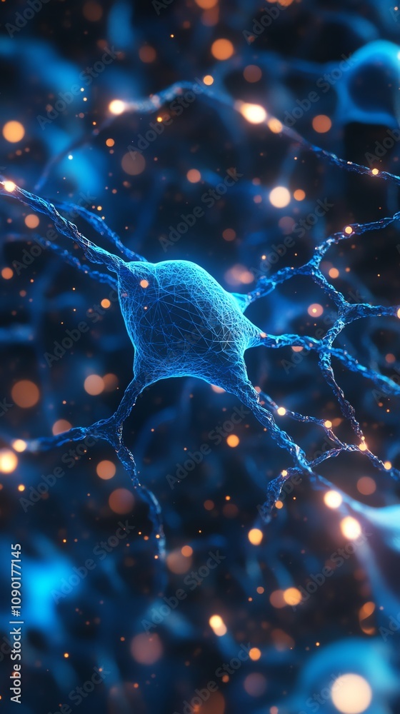 Poster Microscopic view of a neuron with glowing synapses.