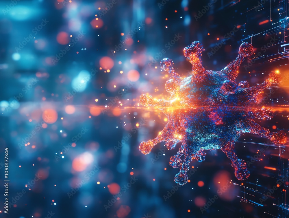 Poster Microscopic view of a virus particle in a digital space, glowing with vibrant colors.