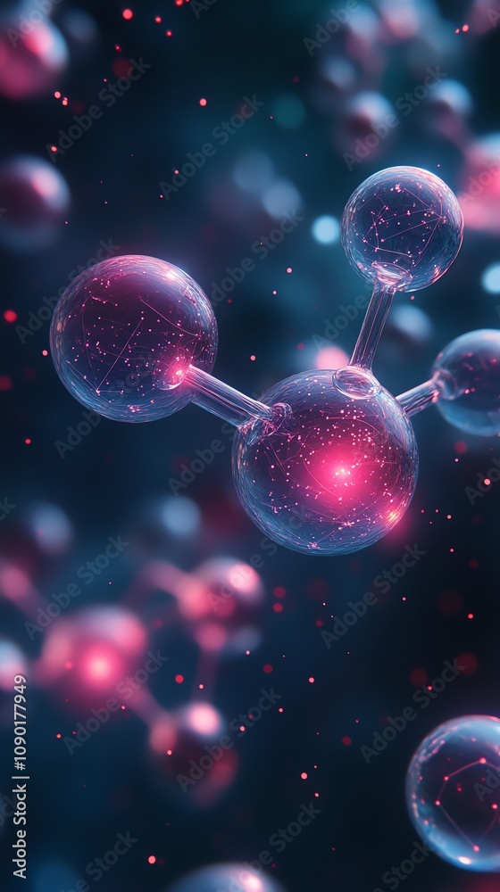 Poster Microscopic view of glowing molecule structure with interconnected atoms.