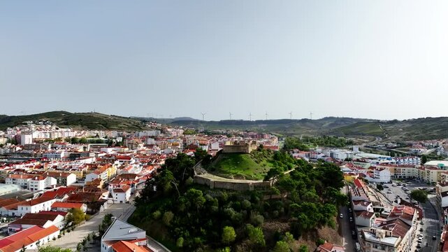 Drone shot of an ancient ruin on a hill in Portugal.