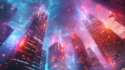 Fototapeta premium A futuristic city skyline with neon lights and fireworks.