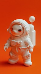 A cute white astronaut figure stands against a vibrant orange background.