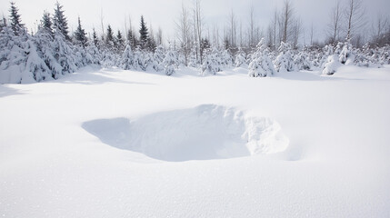 Fototapeta premium Snow-Covered Winter Landscape: A solitary, snow-covered landscape. The pristine white snow blankets the ground, highlighting the stark beauty of the winter season. In the distance.