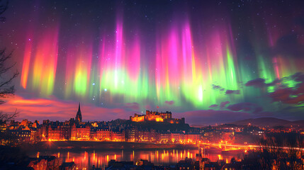 Fototapeta premium A Vibrant Aurora Borealis Display Illuminates a Cityscape with a Castle and a River Reflecting the Lights, Creating a Magical Night Scene