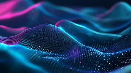 デジタルとテクノロジーを青と赤の粒子で波形として表現した背景画像