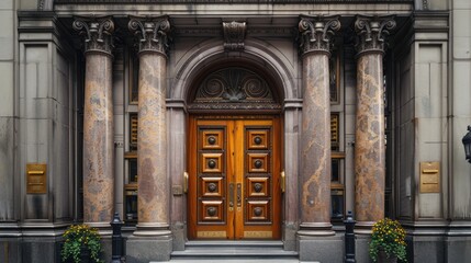 Fototapeta premium Grand wooden doors with marble columns.