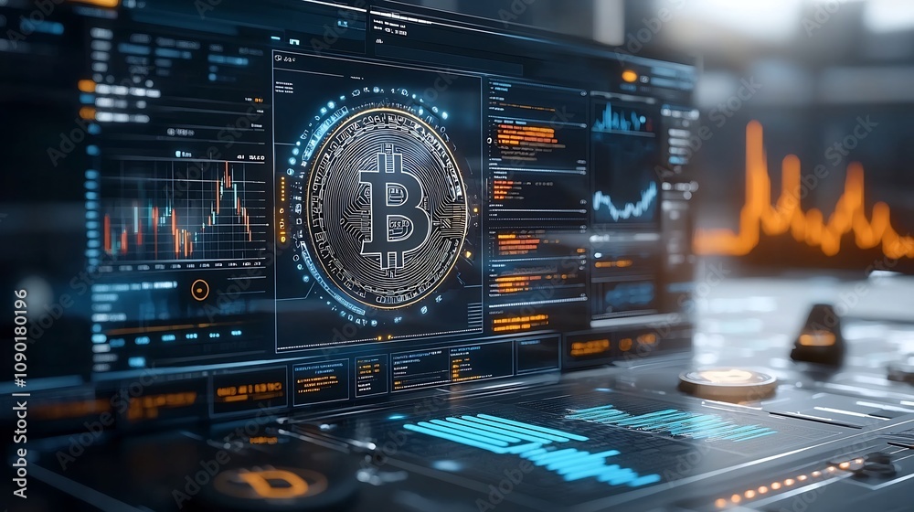 Aufkleber Futuristic cryptocurrency trading platform interface with intricate holographic Bitcoin price charts hard light illuminating dynamic data visualization and advanced financial analytics tools