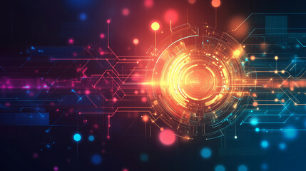 Obraz premium デジタルとテクノロジーを赤く光るコアと周辺のリングで表現したイラスト背景画像