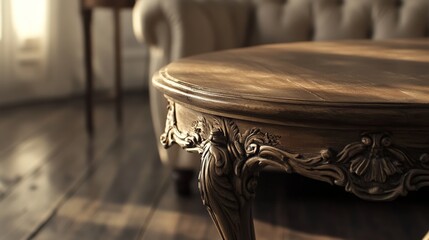 Fototapeta premium Ornate Wooden Coffee Table in a Sunlit Room.