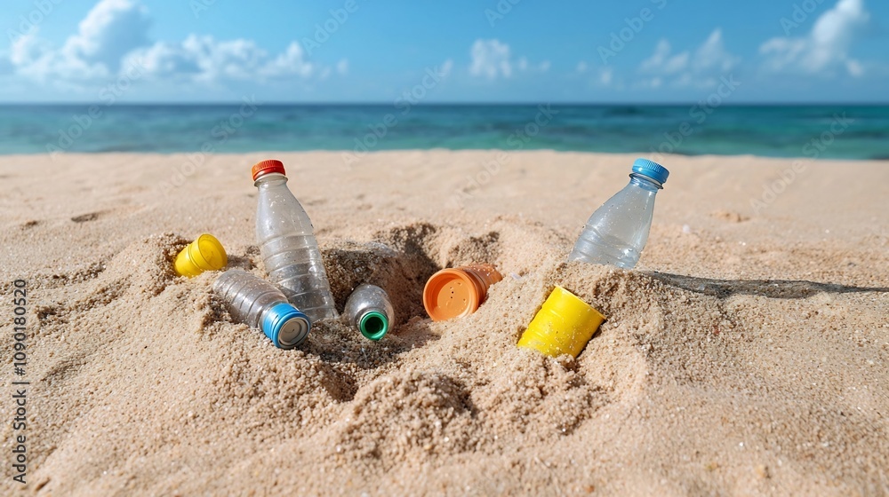 Aufkleber partially buried plastic bottles in coastal sand demonstrating the long lasting impact of plastic wa
