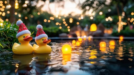 Two festive rubber ducks wearing Santa hats float in a serene pool, surrounded by soft glowing lights, capturing a whimsical holiday atmosphere.