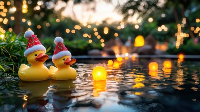 Two festive rubber ducks wearing Santa hats float in a serene pool, surrounded by soft glowing lights, capturing a whimsical holiday atmosphere.
