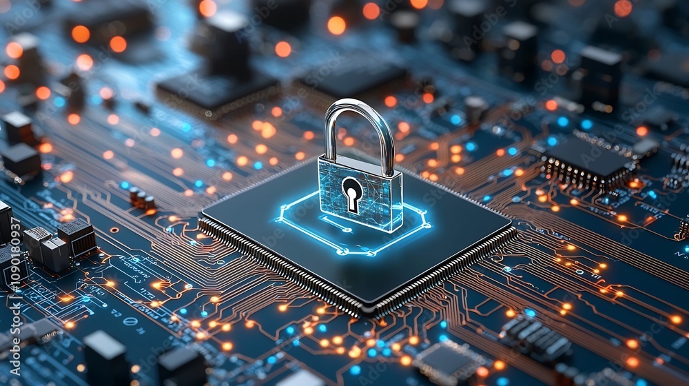 Poster holographic lock icon overlaid on intricate quantum computing circuit boards