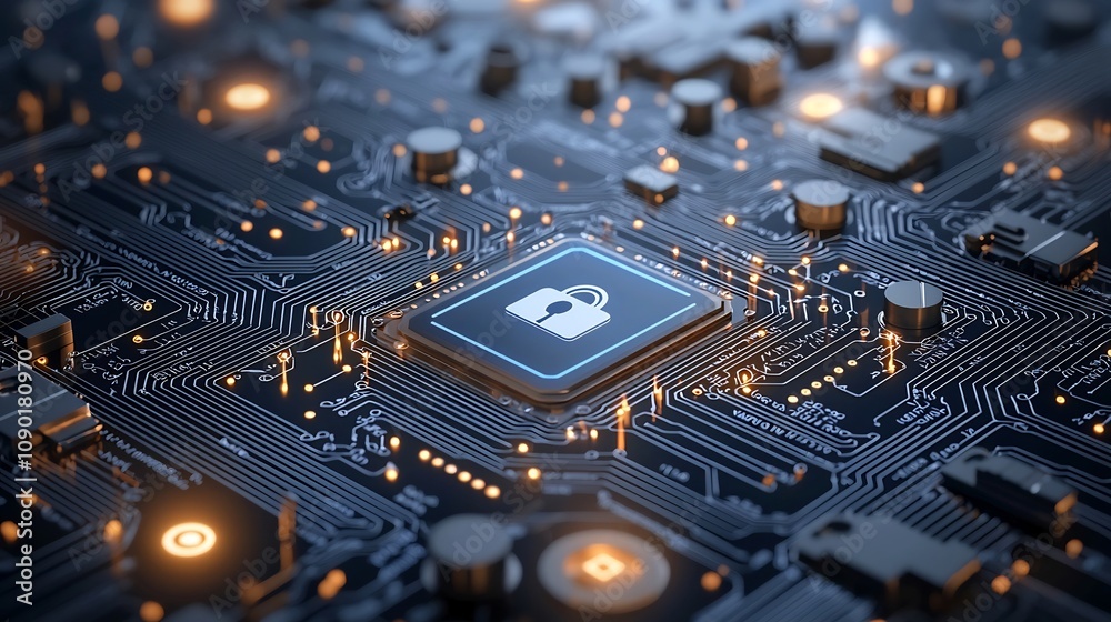 Poster Quantum circuitry with lock and key icons highlighting the of quantum computing technology with secure data encryption solutions