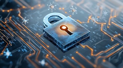 Holographic lock symbol with floating qubits illustrating the concept of secure quantum data encryption and cybersecurity  Futuristic technology design for digital protection network security