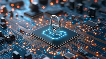 Holographic lock icon overlaid on intricate quantum computing circuit boards