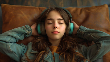 Young girl with closed eyes wearing teal headphones, lying on a leather pillow, relaxed and immersed in music, evoking a cozy and peaceful atmosphere