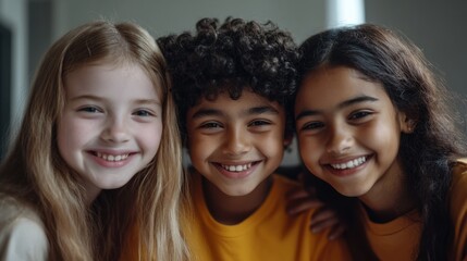 Obraz premium Closeup of three diverse kids, a white girl with a cheerful expression and medium-length hair, a Black boy with a playful grin and short hair
