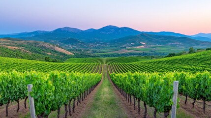 Naklejka premium Vineyard Rows at Dawn: Serene vineyard landscape at sunrise, rows of lush green grapevines stretching towards majestic mountains under a soft, pastel sky. A picturesque scene of idyllic rural beauty.