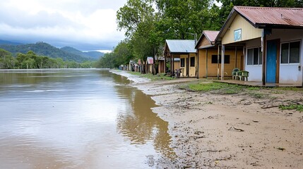 Obraz premium Flooded residential buildings along a riverbank showcasing the devastating impact of rising water levels and flooding on local communities The image depicts the aftermath of a natural disaster