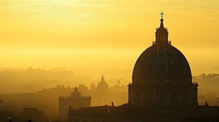 Obraz premium Silhouette of a Dome of a Cathedral at Sunset with Foggy City Skyline in the Background