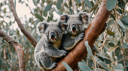 Fototapeta premium Two koalas resting together on a eucalyptus tree in a natural habitat during the day
